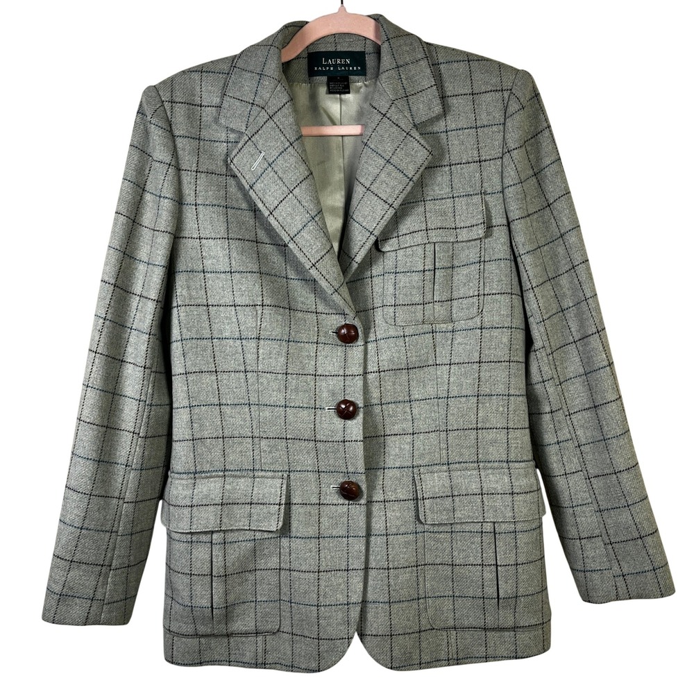 Vintage Lauren Ralph Lauren Green Windowpane 100% Lambswool Blazer Jacket 4